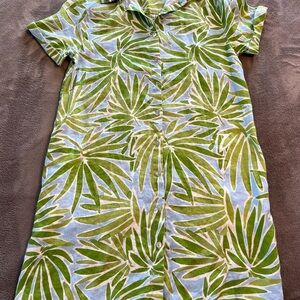 Sigrid Olsen 100% Linen Shirt Dress Women’s Small Button Up Green Blue Palm Leaf